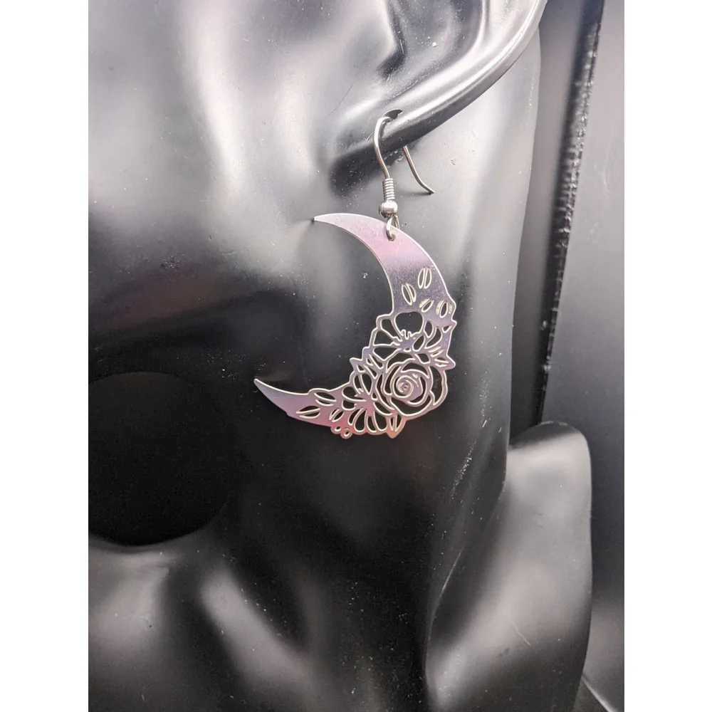 Floral Crescent Moon Earrings Celestial Stainless Steel Dangle